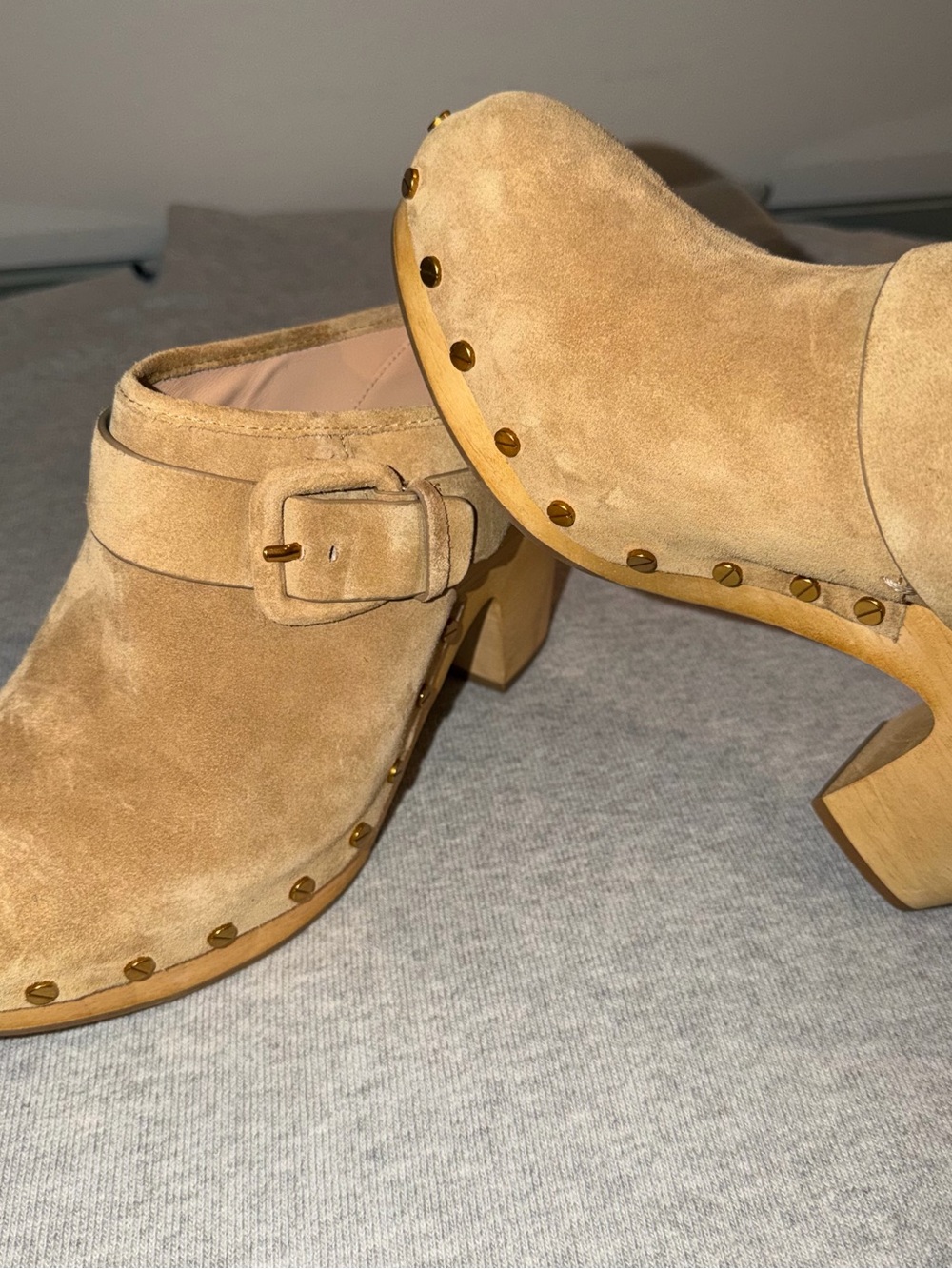 Veronica Beard Suede Buckle Heels in Tan